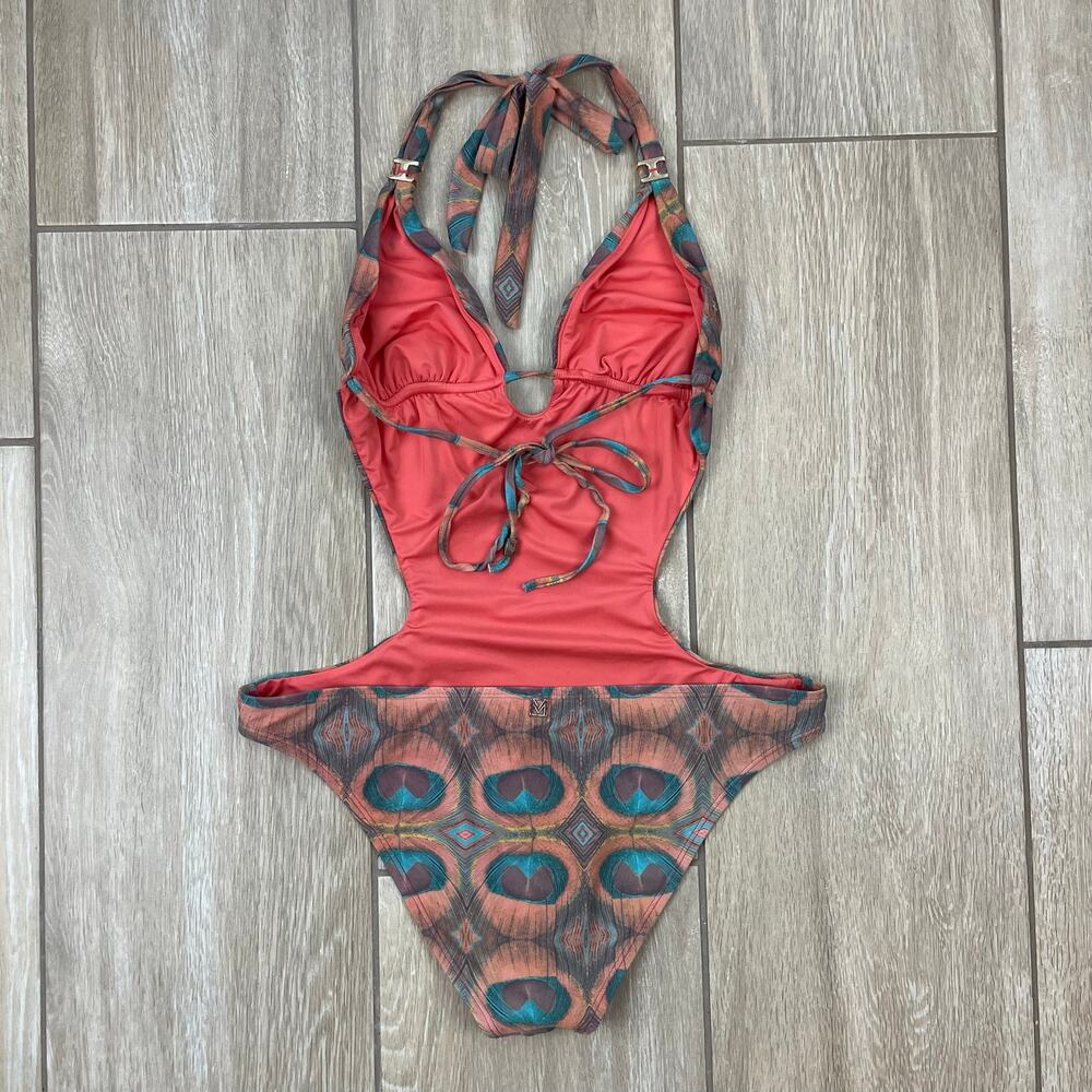 MAR by Vix Peacock Print Cutout Monokini Halter One Piece Swimsuit Large L - Picture 3 of 13